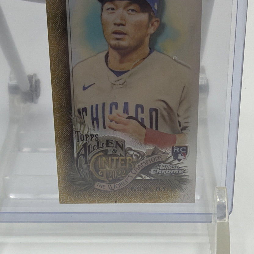 Angled front view of Seiya Suzuki Allen & Ginter Chrome Gold Refractor rookie #235