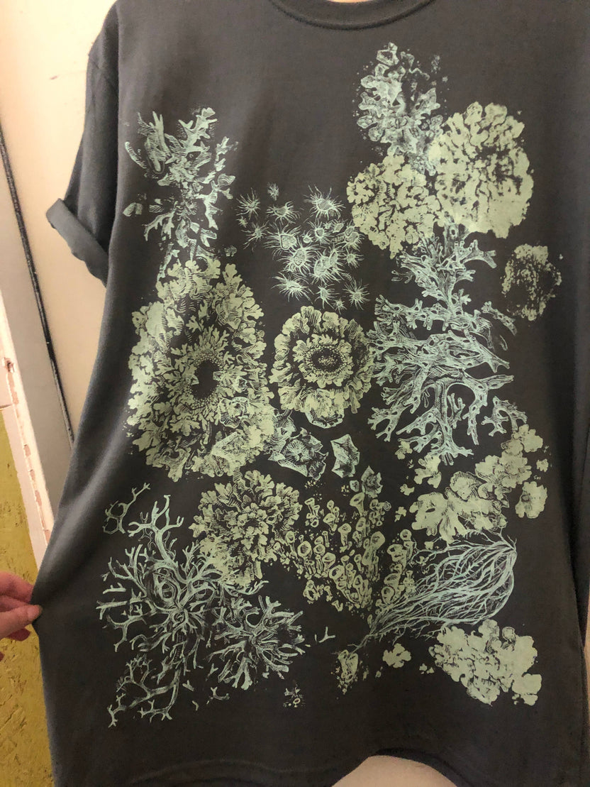 lichen t-shirt, organic cotton nature shirt, Solstice Handmade tee, unisex botanical shirt, lichen print shirt, hand screen printed tee, eco friendly t-shirt, small batch organic shirt, Alternative Apparel
