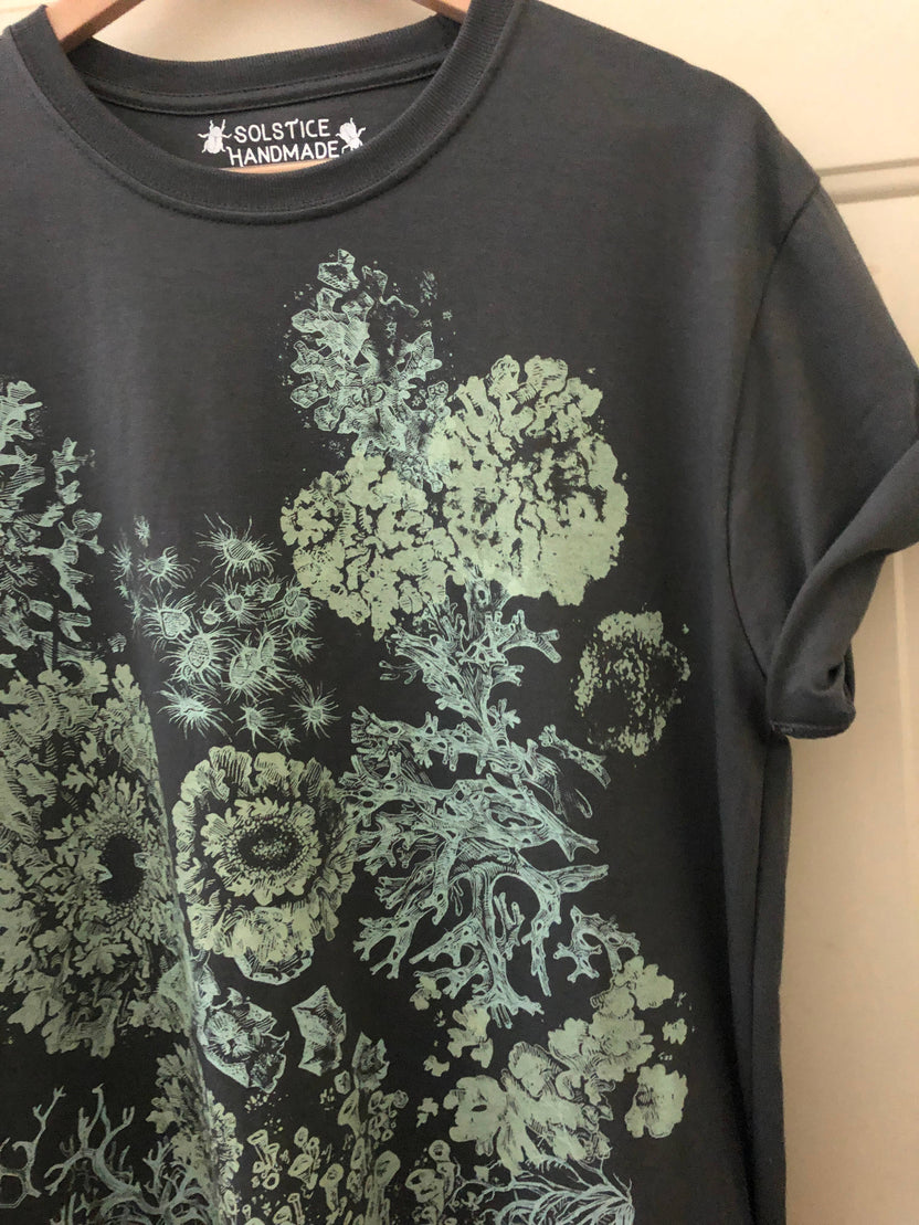 lichen t-shirt, organic cotton nature shirt, Solstice Handmade tee, unisex botanical shirt, lichen print shirt, hand screen printed tee, eco friendly t-shirt, small batch organic shirt, Alternative Apparel