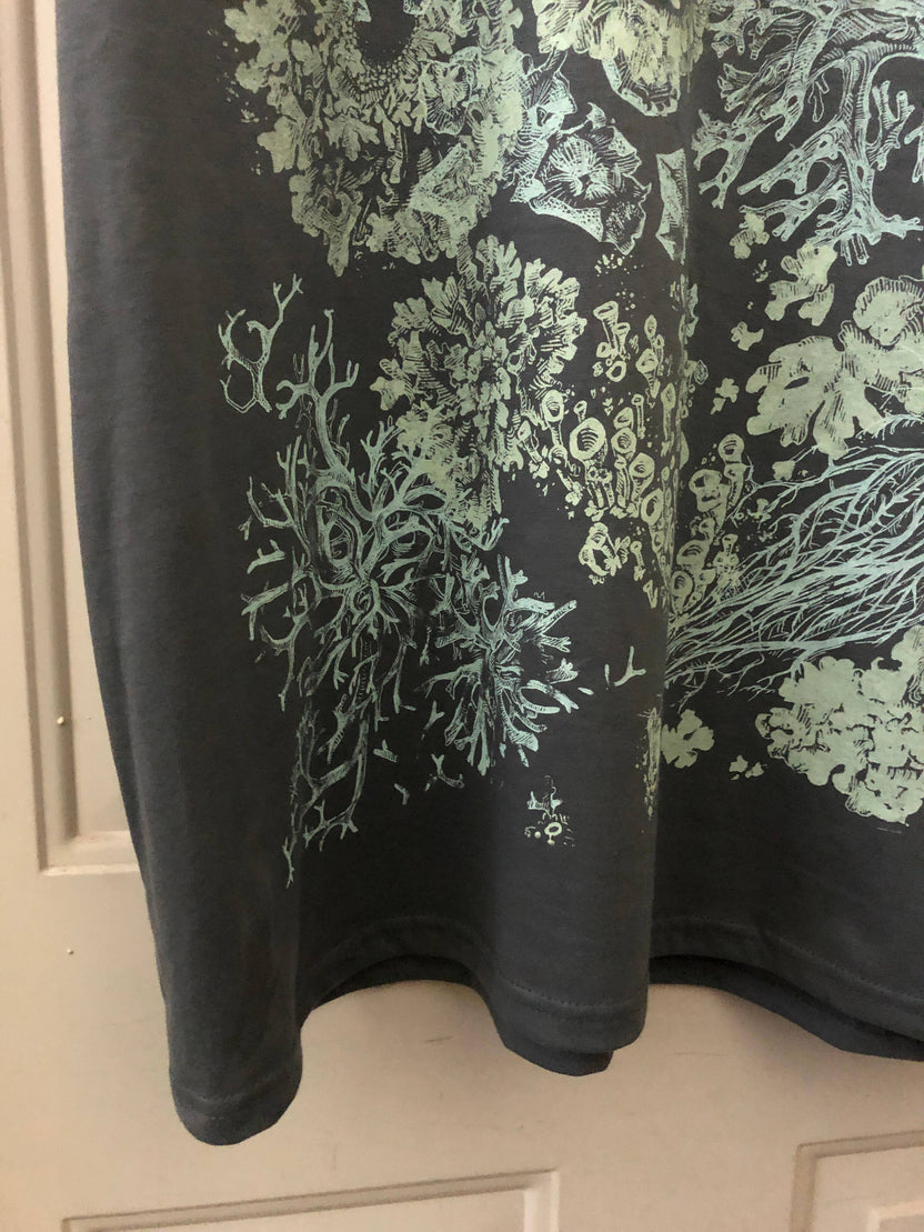 lichen t-shirt, organic cotton nature shirt, Solstice Handmade tee, unisex botanical shirt, lichen print shirt, hand screen printed tee, eco friendly t-shirt, small batch organic shirt, Alternative Apparel