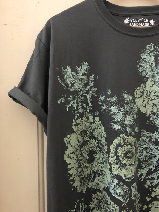 lichen t-shirt, organic cotton nature shirt, Solstice Handmade tee, unisex botanical shirt, lichen print shirt, hand screen printed tee, eco friendly t-shirt, small batch organic shirt, Alternative Apparel