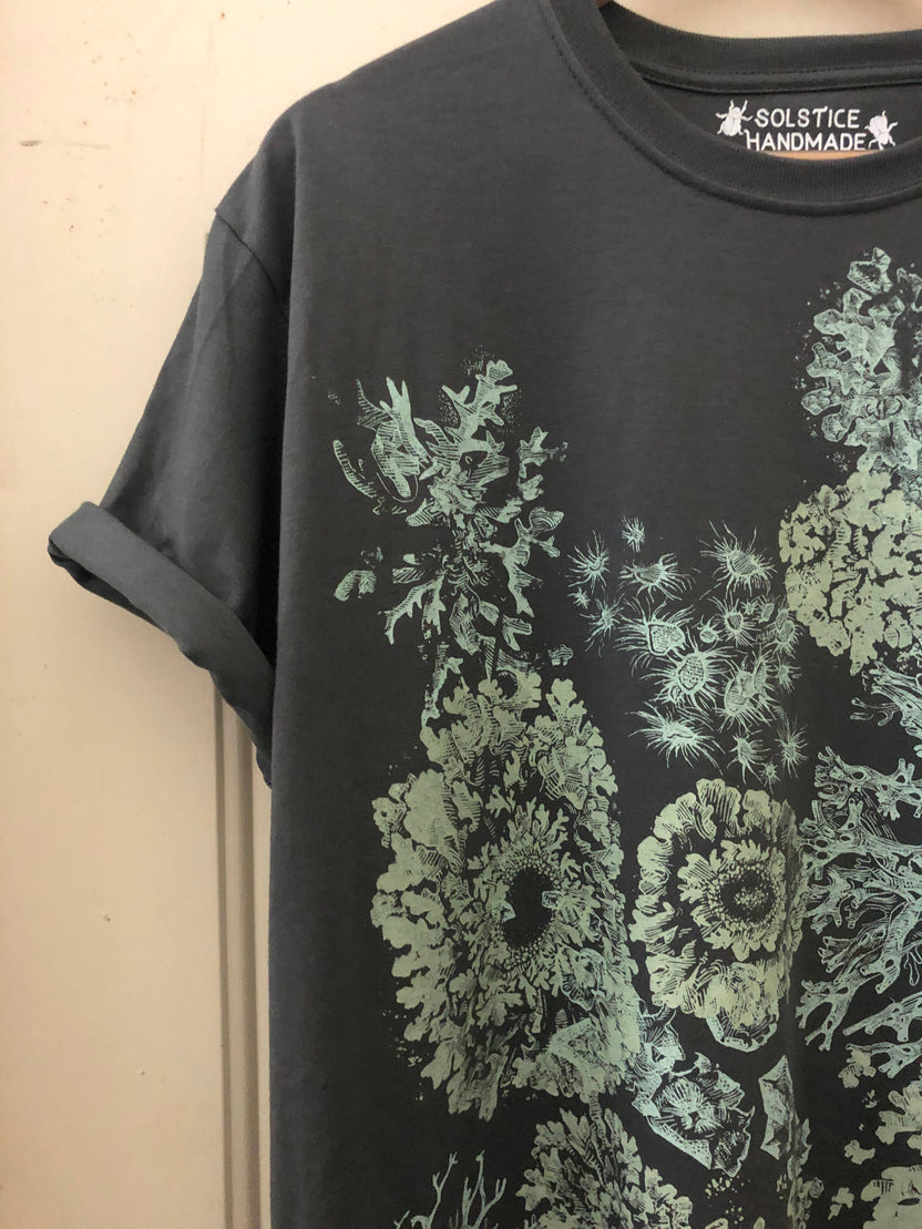 lichen t-shirt, organic cotton nature shirt, Solstice Handmade tee, unisex botanical shirt, lichen print shirt, hand screen printed tee, eco friendly t-shirt, small batch organic shirt, Alternative Apparel