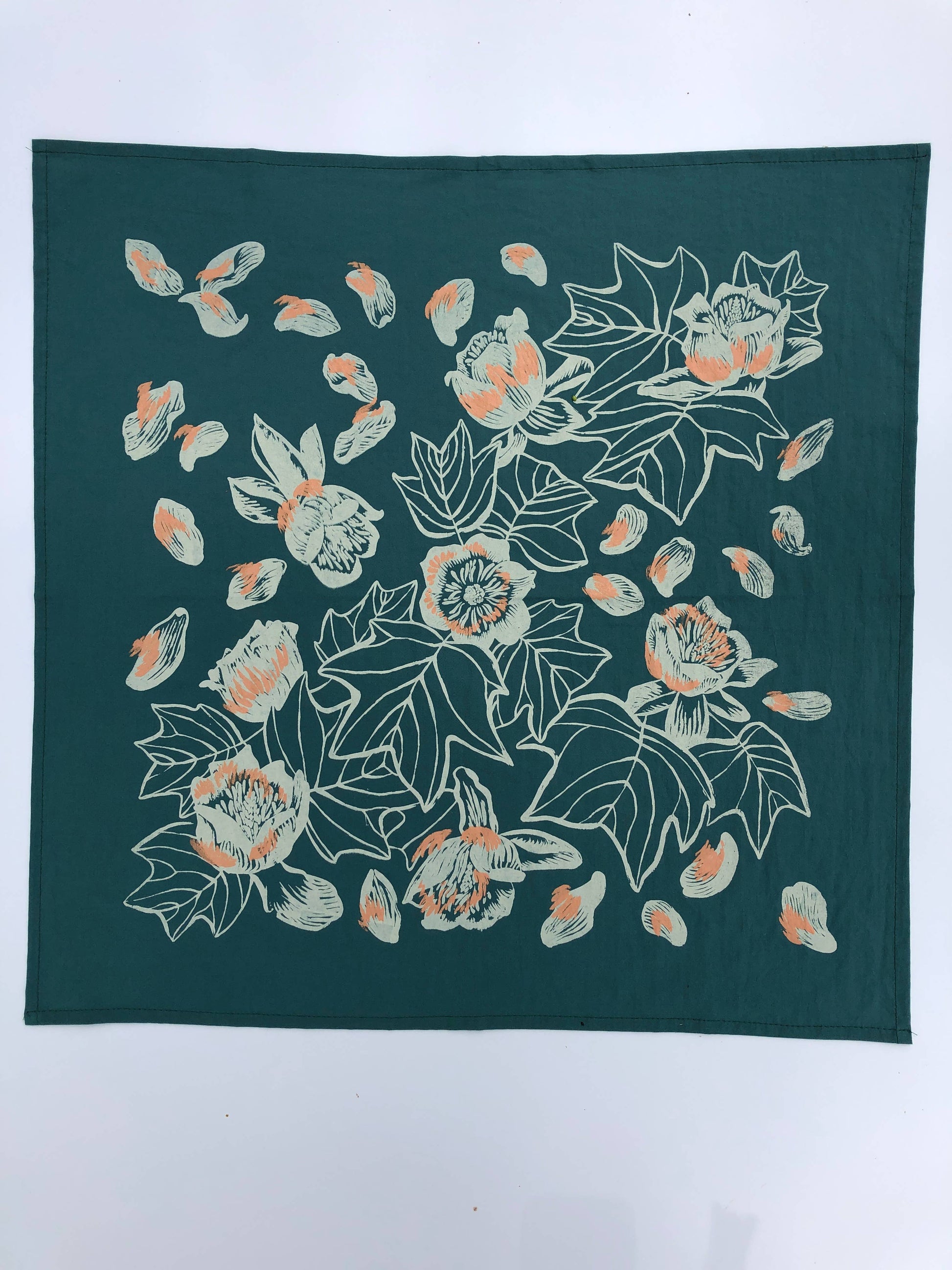 hand printed bandana, botanical bandana, insect print bandana, cotton bandana, tulip poplar design, Solstice Handmade, oversized green bandana, nature print accessory, eco-friendly gift, small batch screen print