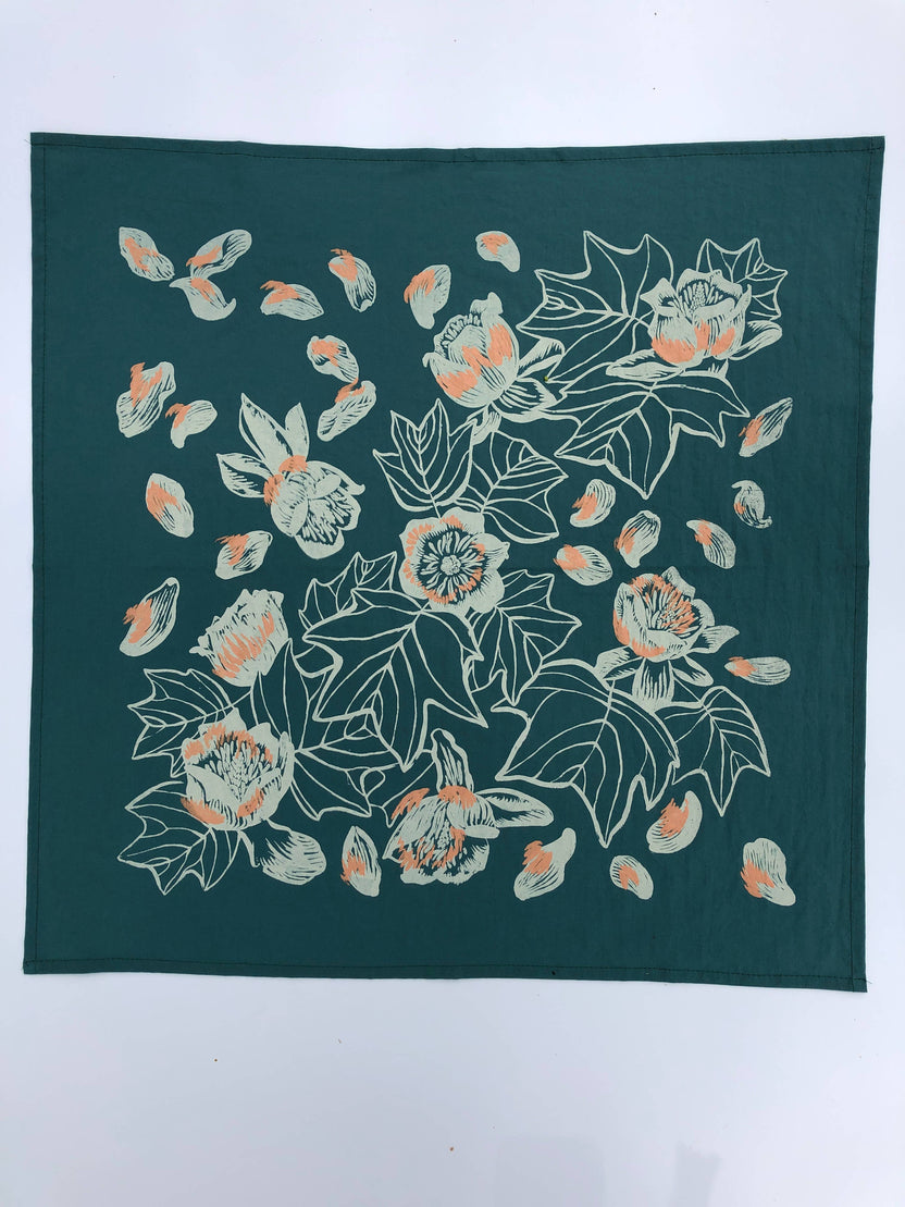 hand printed bandana, botanical bandana, insect print bandana, cotton bandana, tulip poplar design, Solstice Handmade, oversized green bandana, nature print accessory, eco-friendly gift, small batch screen print