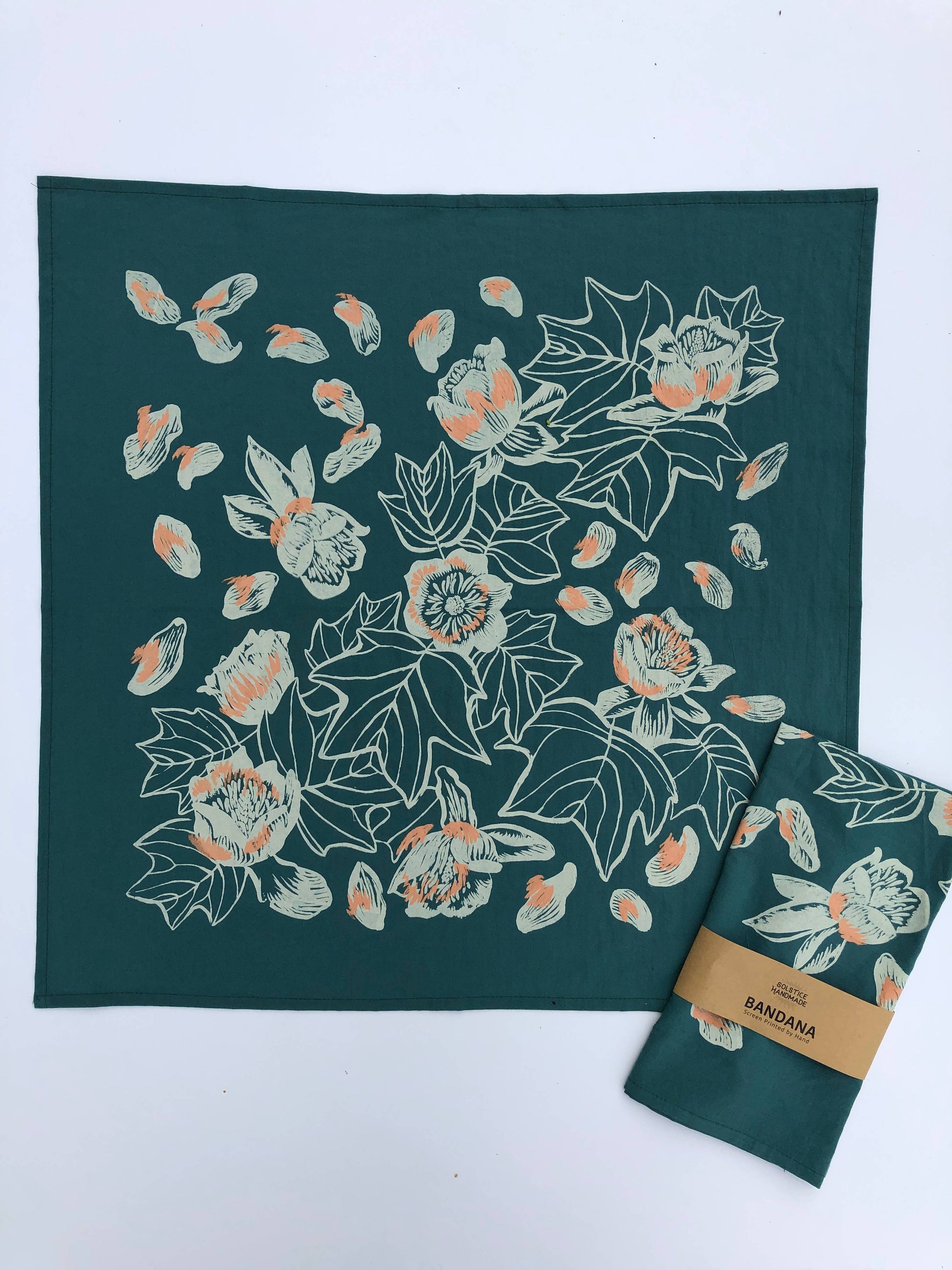 hand printed bandana, botanical bandana, insect print bandana, cotton bandana, tulip poplar design, Solstice Handmade, oversized green bandana, nature print accessory, eco-friendly gift, small batch screen print