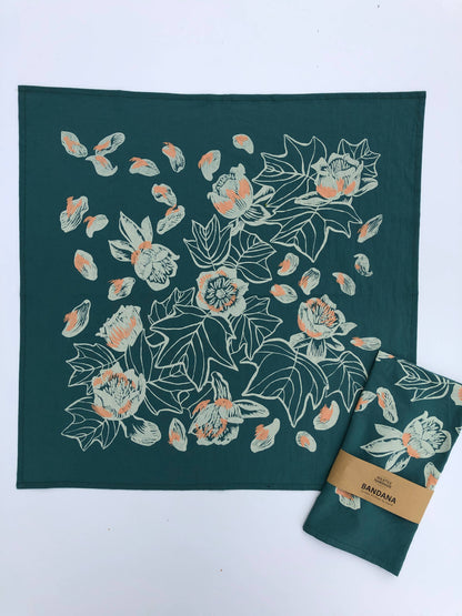 hand printed bandana, botanical bandana, insect print bandana, cotton bandana, tulip poplar design, Solstice Handmade, oversized green bandana, nature print accessory, eco-friendly gift, small batch screen print