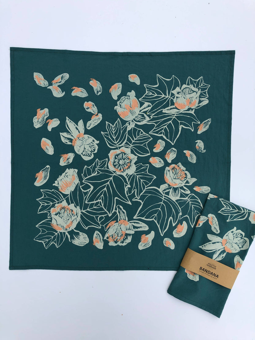 hand printed bandana, botanical bandana, insect print bandana, cotton bandana, tulip poplar design, Solstice Handmade, oversized green bandana, nature print accessory, eco-friendly gift, small batch screen print