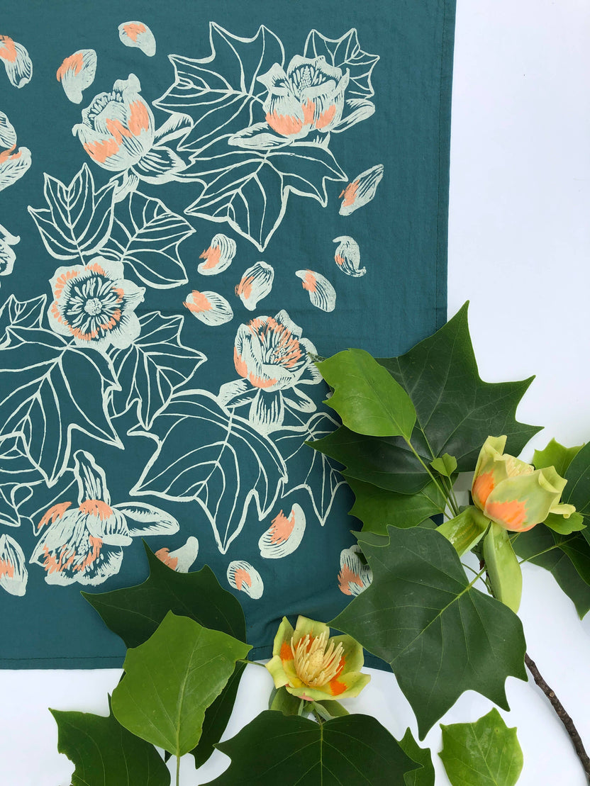 hand printed bandana, botanical bandana, insect print bandana, cotton bandana, tulip poplar design, Solstice Handmade, oversized green bandana, nature print accessory, eco-friendly gift, small batch screen print