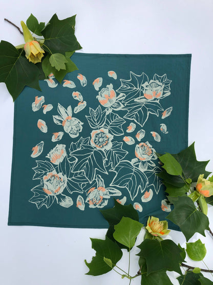 hand printed bandana, botanical bandana, insect print bandana, cotton bandana, tulip poplar design, Solstice Handmade, oversized green bandana, nature print accessory, eco-friendly gift, small batch screen print