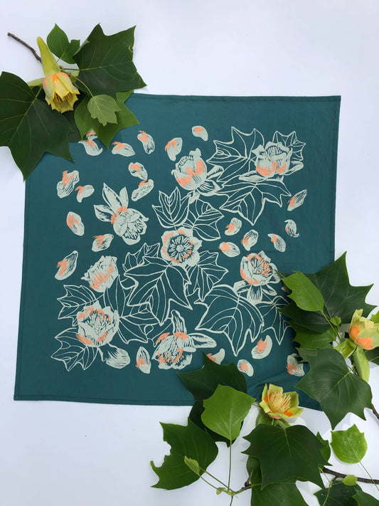 hand printed bandana, botanical bandana, insect print bandana, cotton bandana, tulip poplar design, Solstice Handmade, oversized green bandana, nature print accessory, eco-friendly gift, small batch screen print