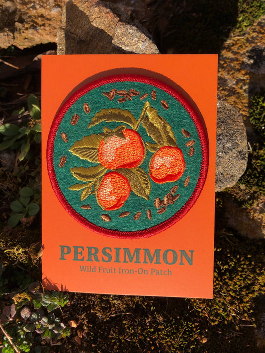 embroidered plant patch, felt iron-on patch, Solstice Handmade patch, native plant patch, eco gift idea, botanical embroidery, iron on felt patch, herbarium style patch, plant illustration patch, small batch embroidery, persimmon