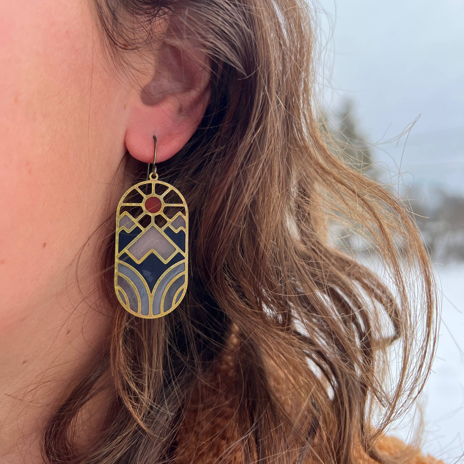 solstice earrings, stained glass resin earrings, brass nature earrings, celestial earrings, handmade dangle earrings, lightweight artisan jewelry, modern resin earrings, nature-inspired jewelry, sun and moon earrings, boho style accessories, colorful resin earrings, everyday dangle earrings, brass statement earrings, gift for nature lovers, handcrafted jewelry for women, unique solstice earrings, resin brass jewelry, Rogue & Rye earrings, artistic handmade earrings, seasonal jewelry gift