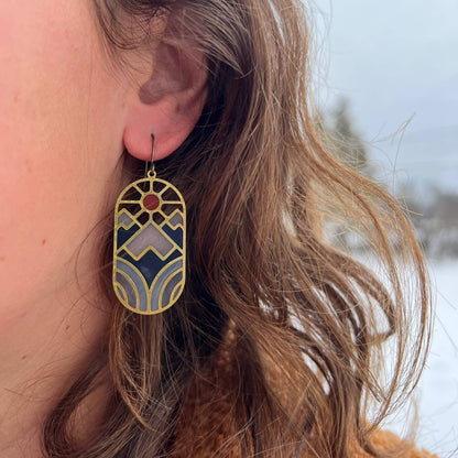 solstice earrings, stained glass resin earrings, brass nature earrings, celestial earrings, handmade dangle earrings, lightweight artisan jewelry, modern resin earrings, nature-inspired jewelry, sun and moon earrings, boho style accessories, colorful resin earrings, everyday dangle earrings, brass statement earrings, gift for nature lovers, handcrafted jewelry for women, unique solstice earrings, resin brass jewelry, Rogue & Rye earrings, artistic handmade earrings, seasonal jewelry gift