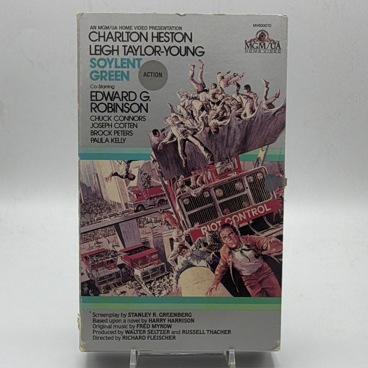 Front cover of Soylent Green VHS featuring Charlton Heston and the original MGM/UA illustrated slipcase