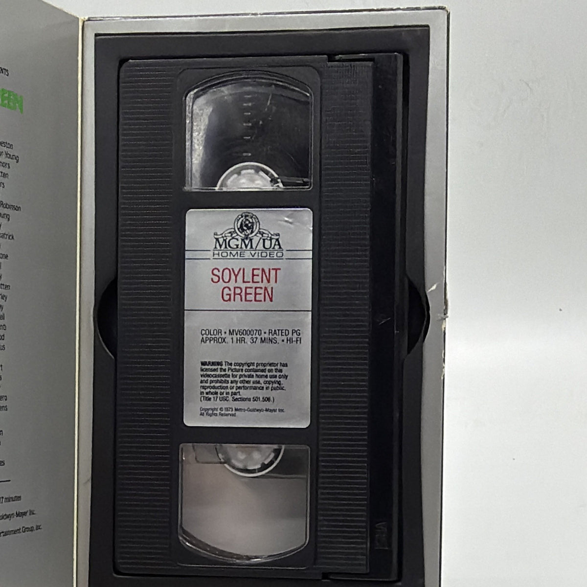 Soylent Green VHS cassette showing former rental labels and markings