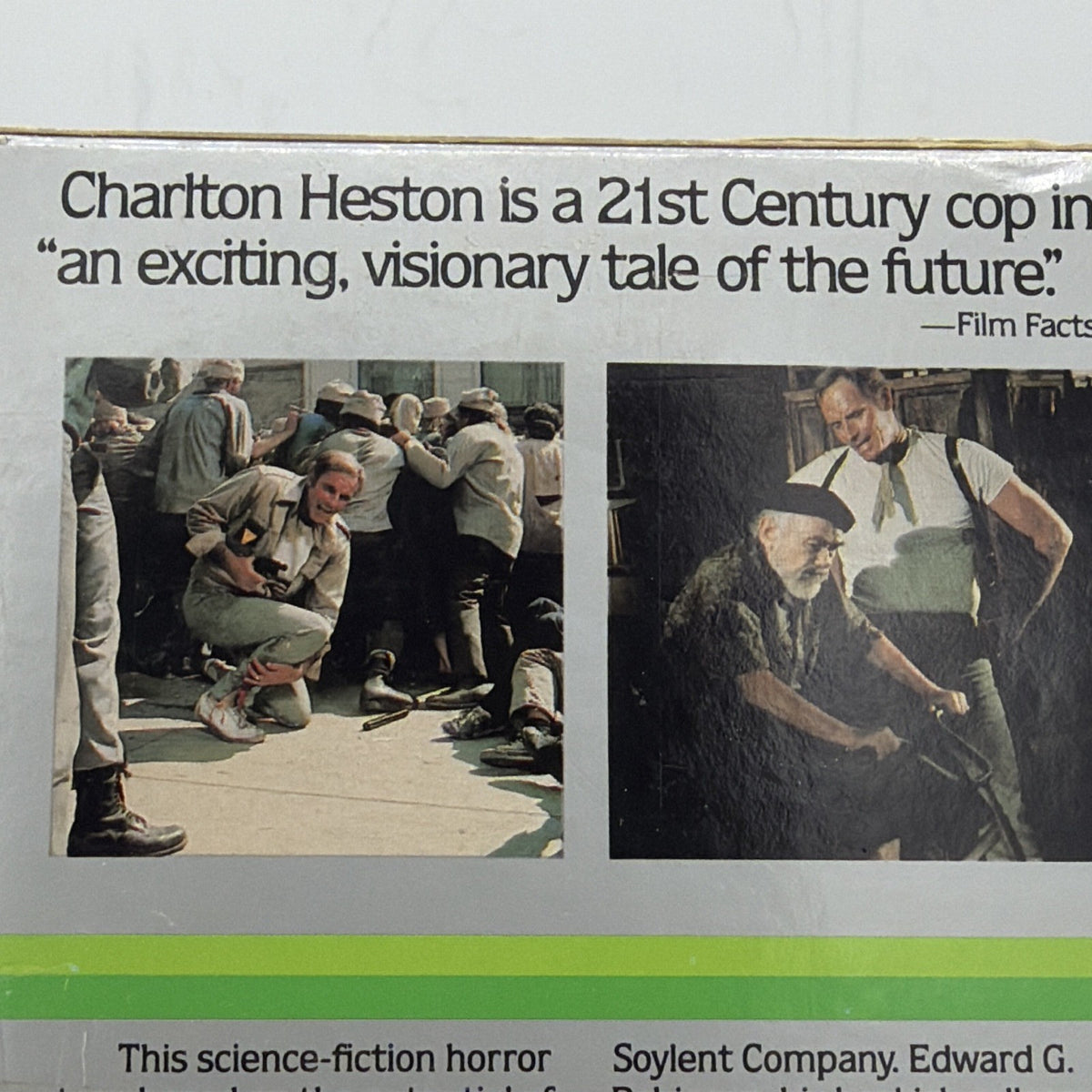 Detail of the Soylent Green VHS slipcase featuring Charlton Heston and film information