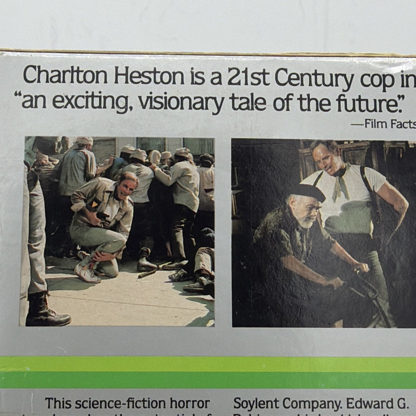 Detail of the Soylent Green VHS slipcase featuring Charlton Heston and film information