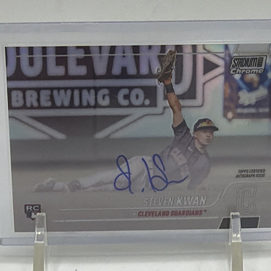 Close-up of Steven Kwan 2022 Stadium Club Chrome rookie card with blue on-card autograph