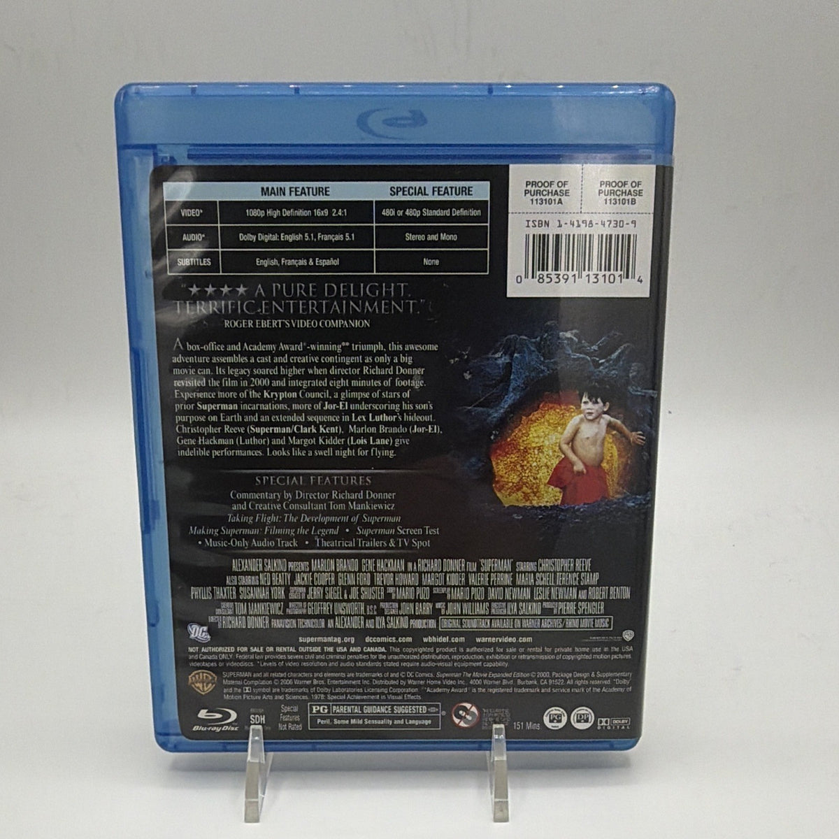 Back of Superman: The Movie Blu-ray case with movie and special-feature information