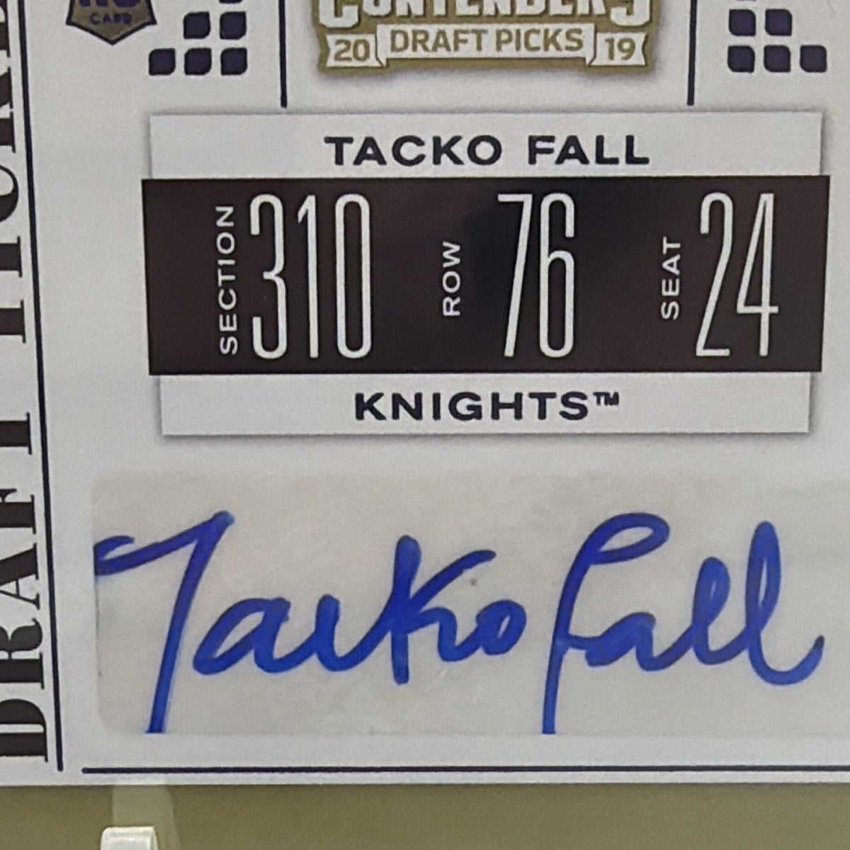 Close-up of blue-ink Tacko Fall autograph on 2019-20 Panini Contenders Draft Picks College Ticket card