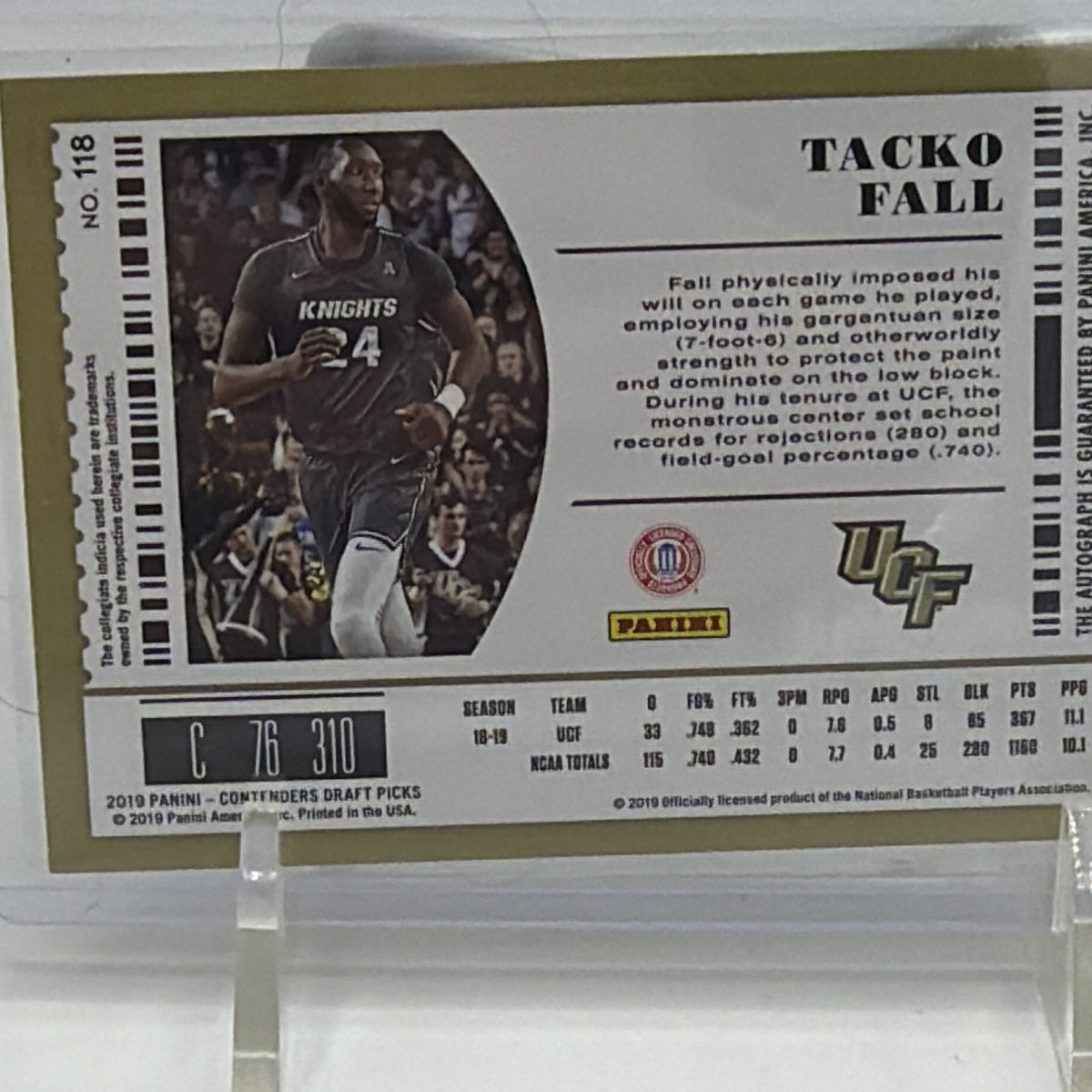 Close-up of back of Tacko Fall 2019-20 Contenders Draft Picks rookie autograph card