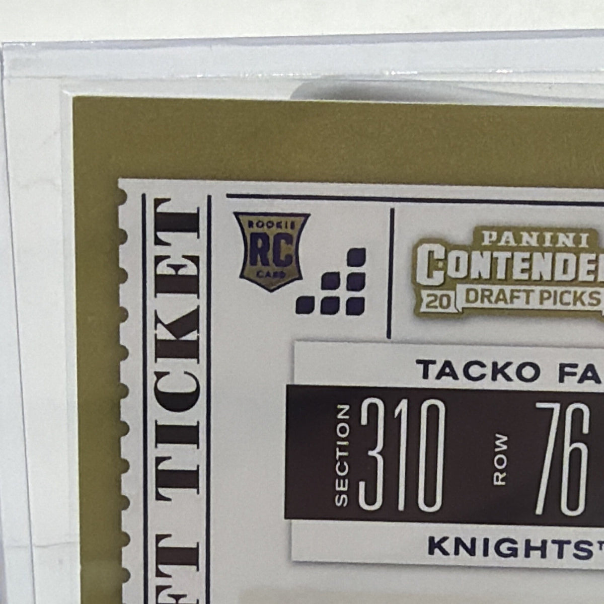 Close-up of Tacko Fall College Ticket card showing UCF Knights ticket design and rookie card logo