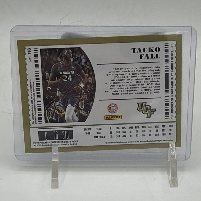 Reverse of Tacko Fall #118 College Ticket autograph card with player biography and Panini branding