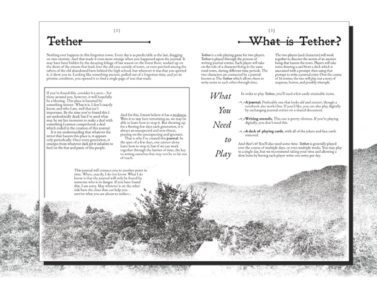 two-player journaling game, partner letter-writing RPG, indie RPG zine, Tether RPG, storytelling game for two, time travel roleplaying game, A5 roleplay zine, narrative-driven TTRPG, asynchronous RPG, duet journaling game, moody rural RPG, black and white RPG zine, Rogue & Rye games, introspective roleplay game, small town mystery game, emotional TTRPG, slow-paced story game, analog letter game, creative writing game for pairs, collaborative story building