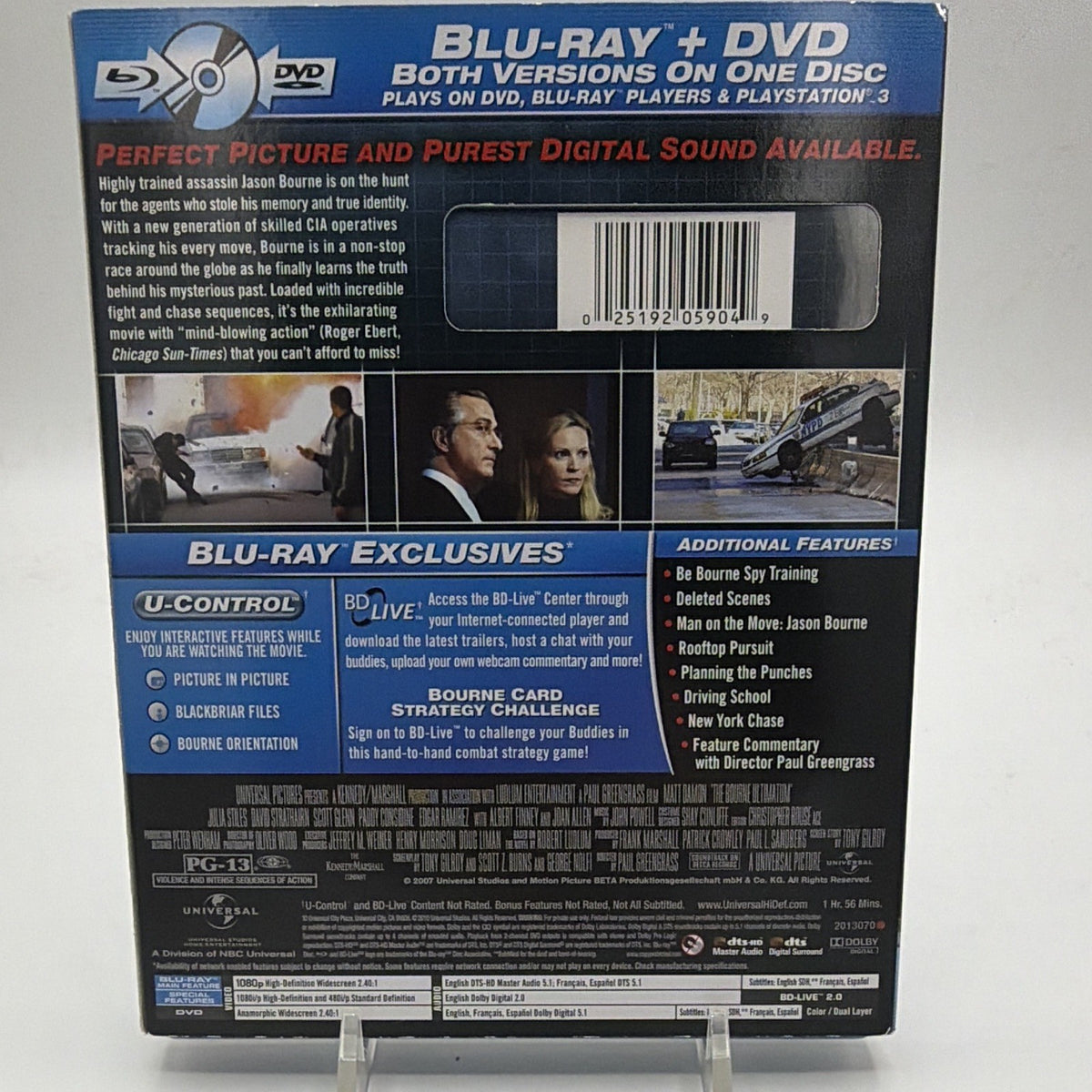 Back of pre-owned The Bourne Ultimatum Blu-ray + DVD case with movie and special feature information