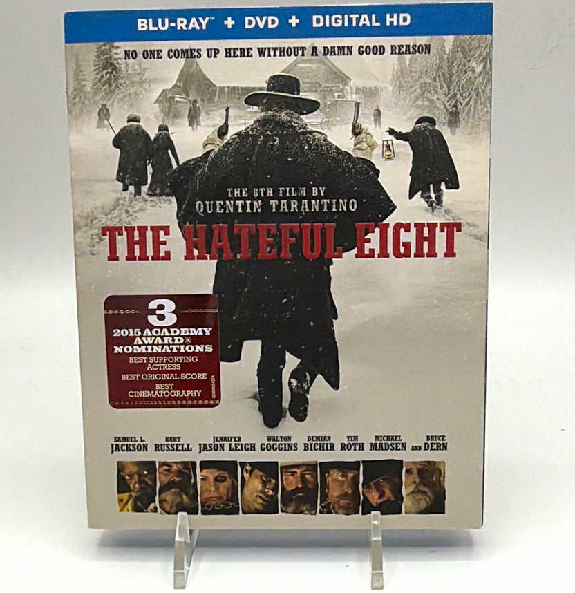 Front of pre-owned The Hateful Eight Blu-ray, DVD and Digital HD edition directed by Quentin Tarantino