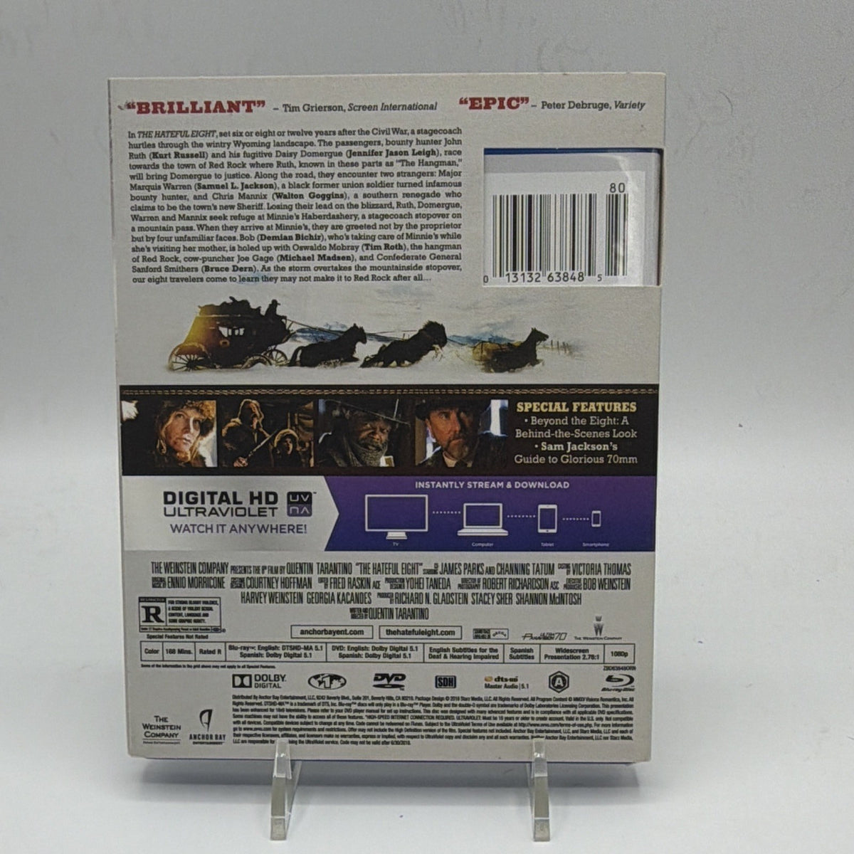 Back of pre-owned The Hateful Eight Blu-ray and DVD case