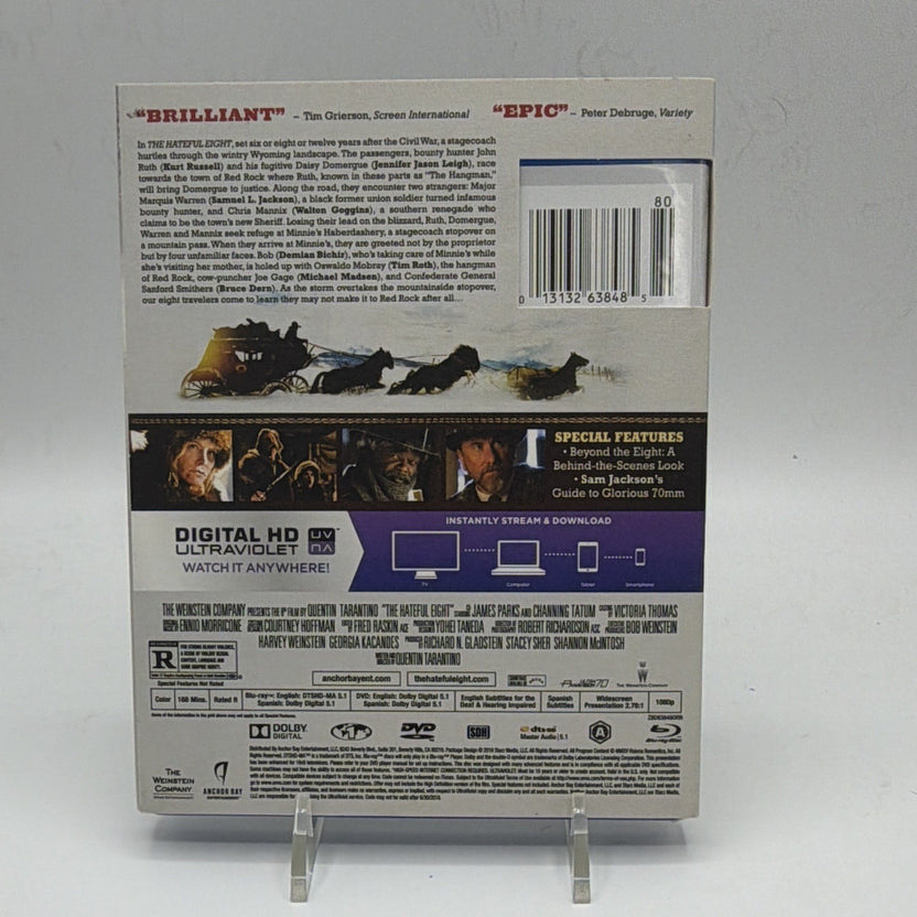 Back of pre-owned The Hateful Eight Blu-ray and DVD case