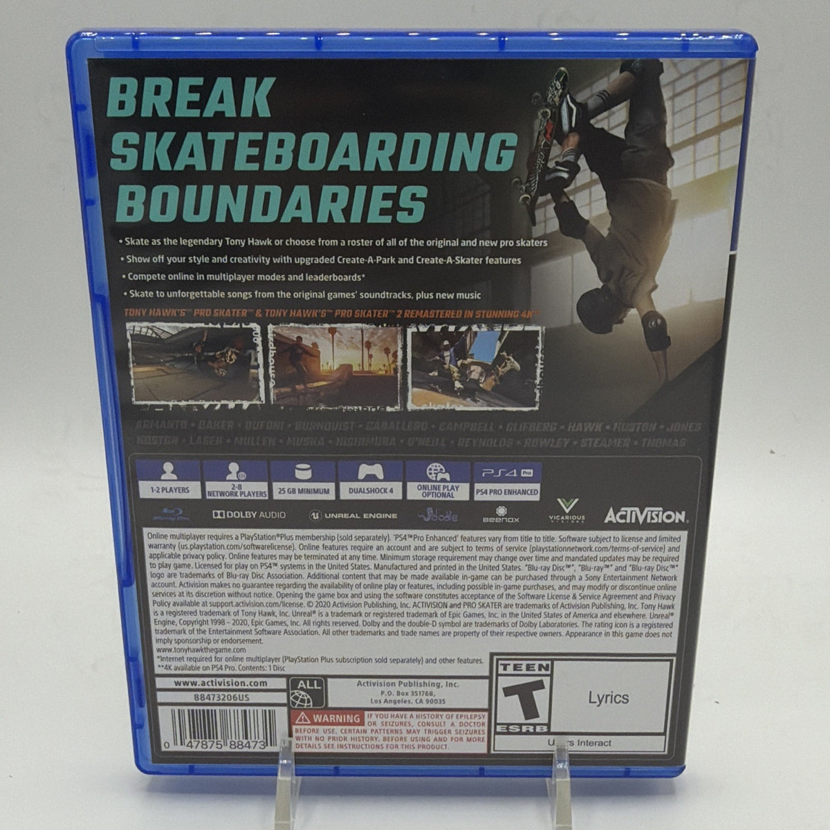 Back of Tony Hawk's Pro Skater 1 + 2 PS4 game case
