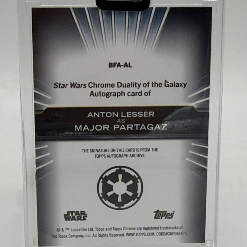 Reverse of Topps Star Wars Chrome Duality Anton Lesser Major Partagaz autograph card