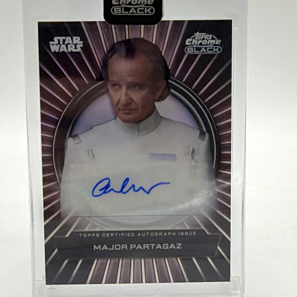 Front of Topps Star Wars Chrome Duality Anton Lesser Major Partagaz autograph card with blue signature