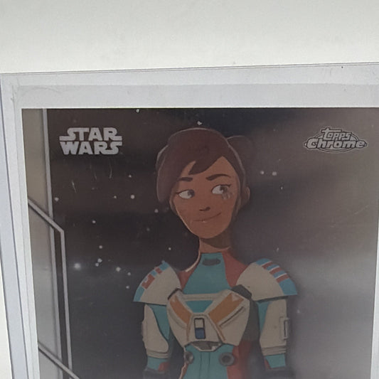 Detail of Myrna Velasco's blue autograph on Torra Doza Star Wars Resistance #41