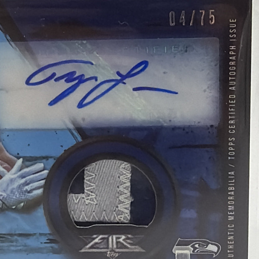 Close-up of Tyler Lockett 2015 Topps Fire Blue rookie autograph patch card numbered 04/75
