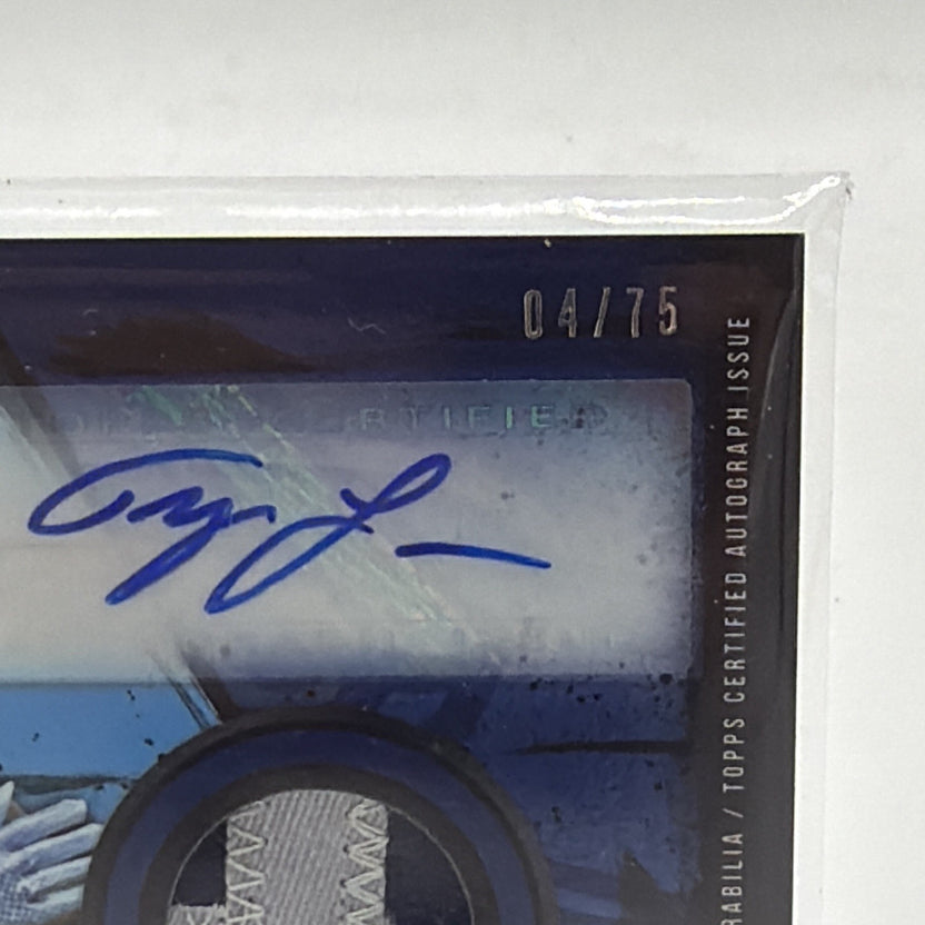 Detail of Tyler Lockett Topps Fire rookie autograph patch showing serial number 04/75