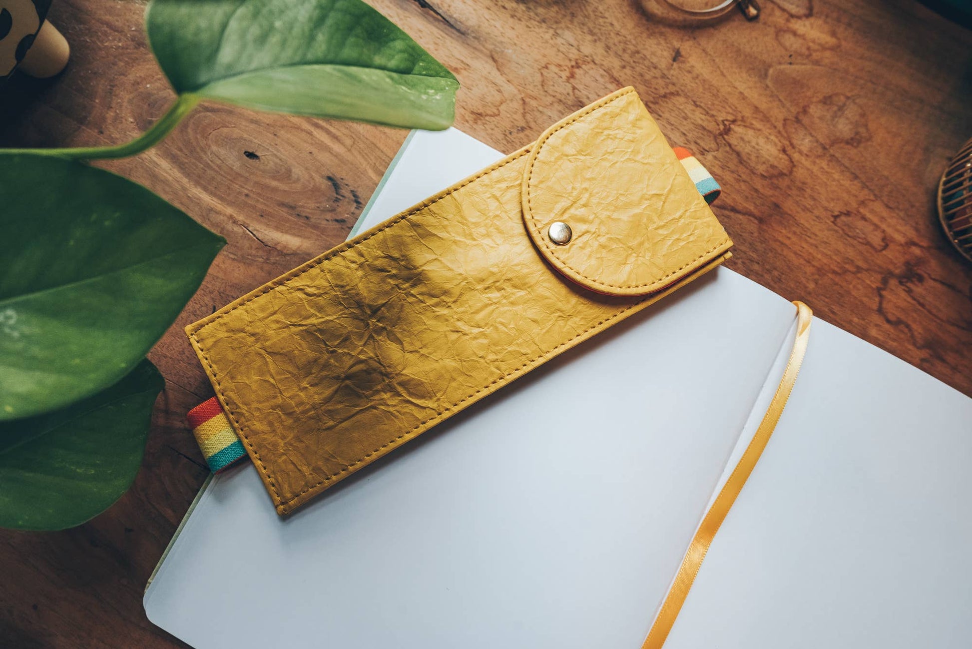 notebook pencil pouch, sketchbook accessory pouch, Denik notebook pouch, vegan leather art pouch, yellow elastic pencil holder, travel pencil case, pen pouch for artists, elastic sketchbook strap, journal storage pouch
