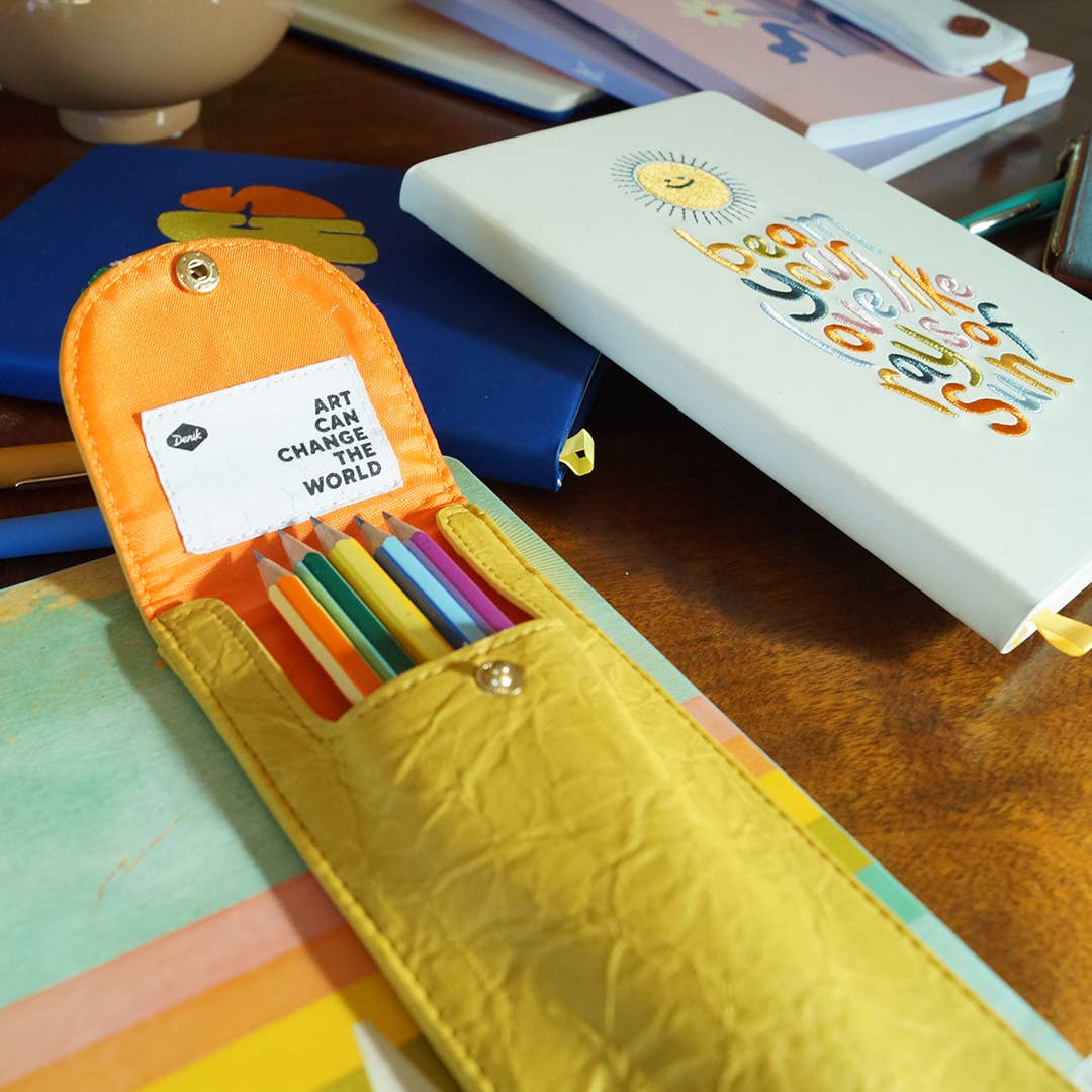 notebook pencil pouch, sketchbook accessory pouch, Denik notebook pouch, vegan leather art pouch, yellow elastic pencil holder, travel pencil case, pen pouch for artists, elastic sketchbook strap, journal storage pouch