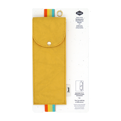 notebook pencil pouch, sketchbook accessory pouch, Denik notebook pouch, vegan leather art pouch, yellow elastic pencil holder, travel pencil case, pen pouch for artists, elastic sketchbook strap, journal storage pouch
