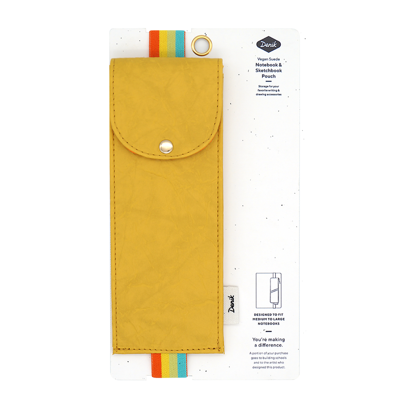 notebook pencil pouch, sketchbook accessory pouch, Denik notebook pouch, vegan leather art pouch, yellow elastic pencil holder, travel pencil case, pen pouch for artists, elastic sketchbook strap, journal storage pouch