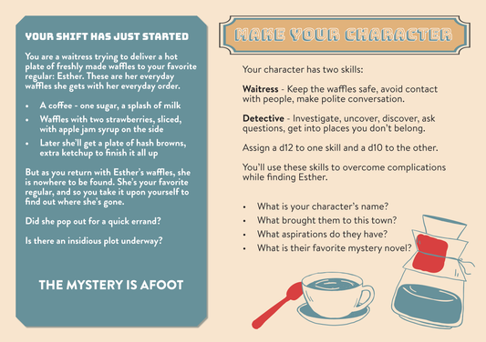 solo journaling game, mystery RPG, cozy mystery game, A5 zine game, indie RPG zine, Rogue & Rye games, Saturday morning game, waffle-themed game, storytelling journal game, solo RPG booklet, mystery narrative game, journaling prompt game, dice journaling game, cozy solo RPG, whimsical detective game, narrative mystery game, unique roleplaying game, pocket-sized RPG, solo roleplay zine, mystery breakfast adventure