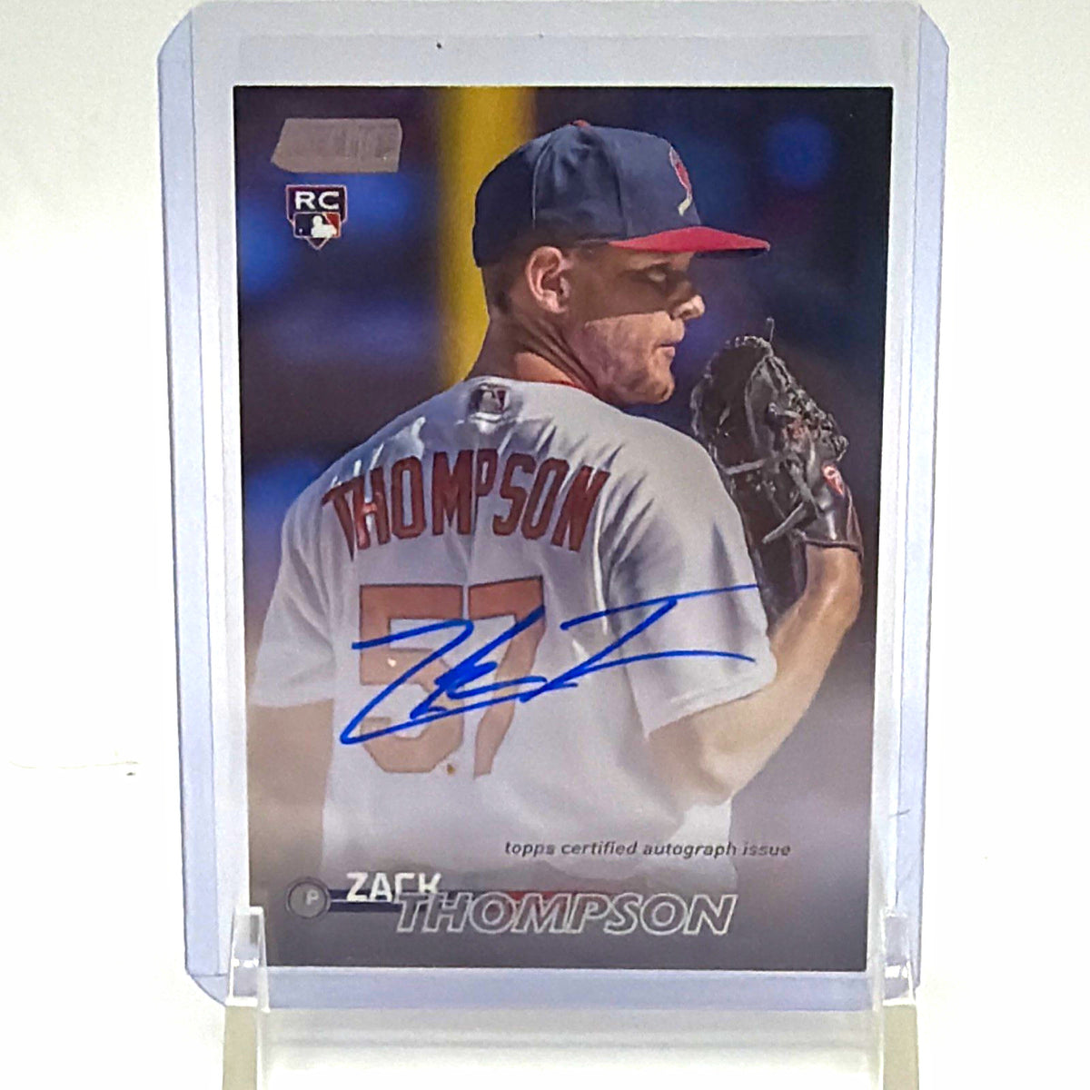 Front of 2023 Topps Stadium Club Zack Thompson rookie autograph card featuring blue-ink signature and Cardinals uniform