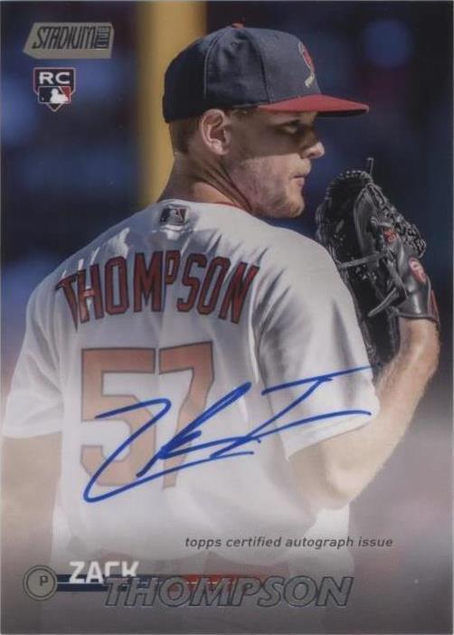 Close-up of 2023 Stadium Club Zack Thompson rookie autograph card featuring signature and player photography