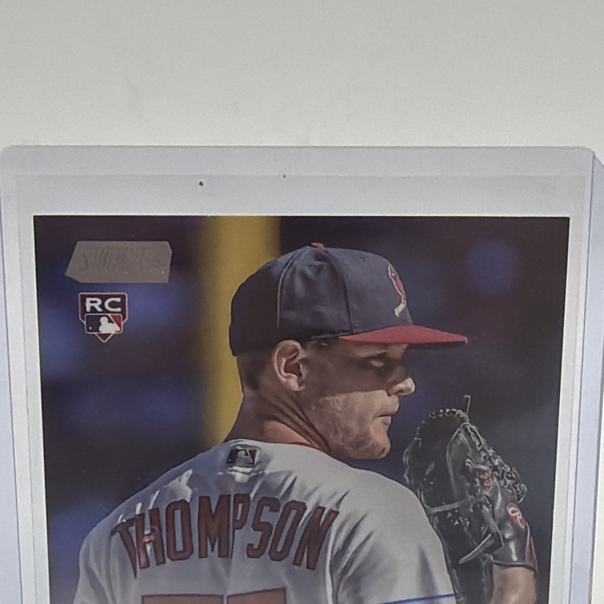 Close-up of Zack Thompson's 2023 Stadium Club rookie card showing player portrait and RC logo