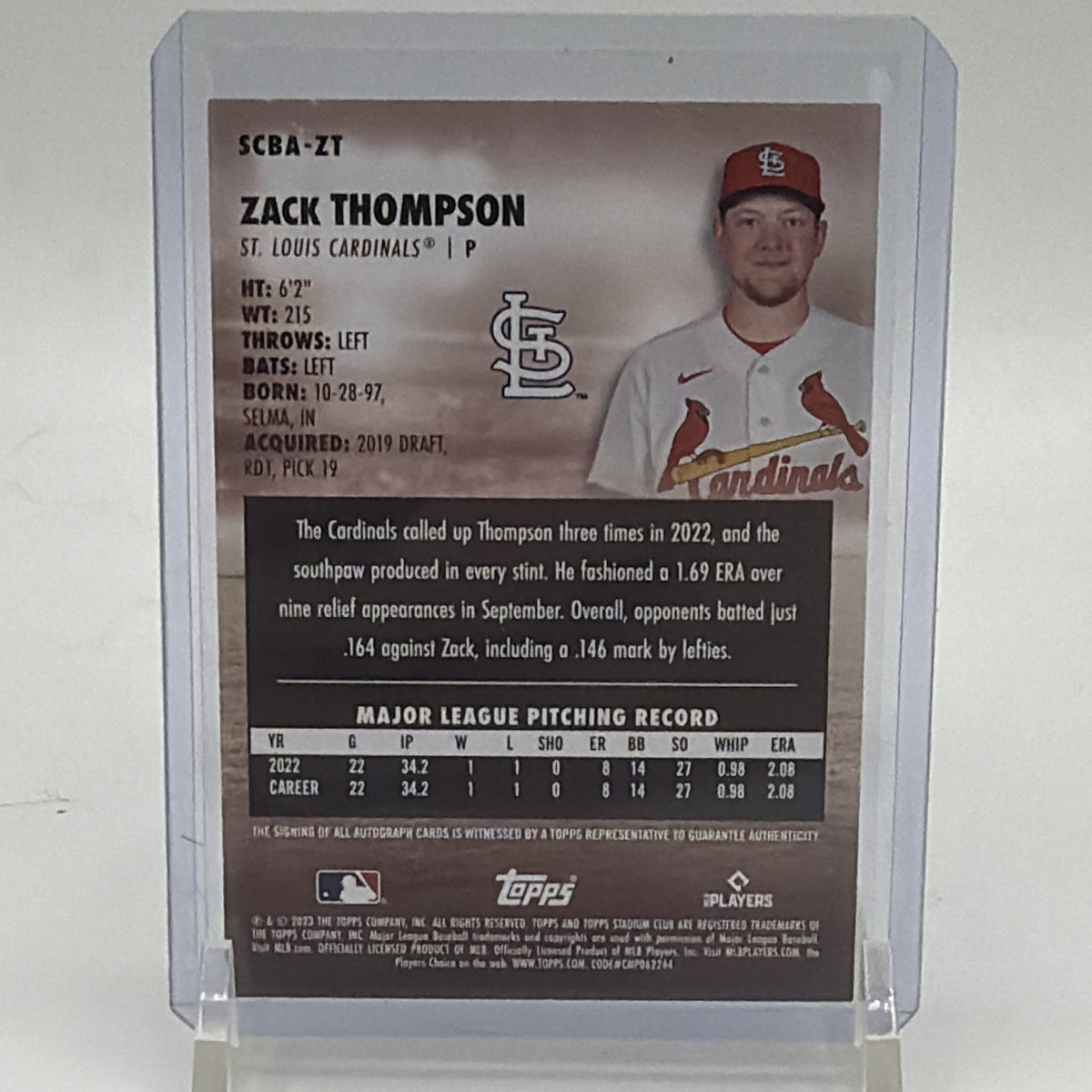 Reverse of 2023 Topps Stadium Club Zack Thompson autograph card showing player information and card details
