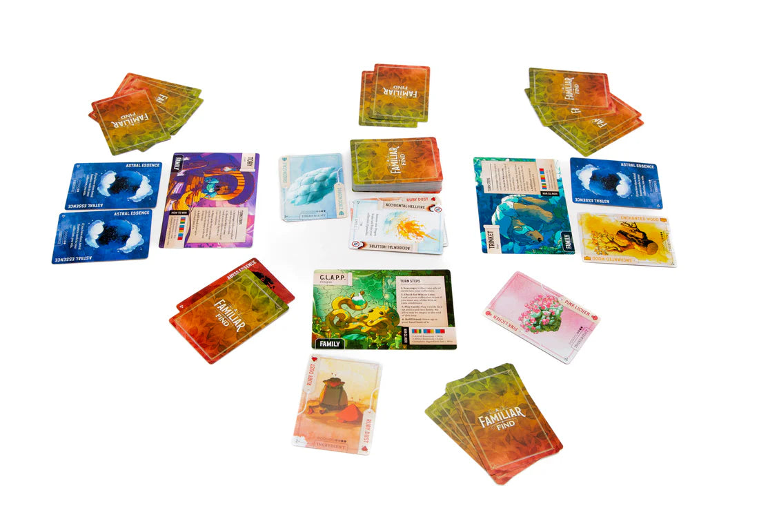 A Familiar Find fast-paced strategy card game set in Exandria featuring adorable familiars from Critical Role campaigns and magical ingredient collecting gameplay.  Beutiful, charming, adorable art.