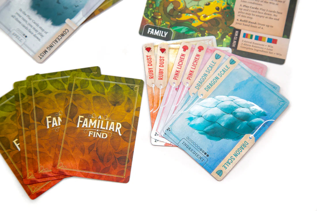 A Familiar Find fast-paced strategy card game set in Exandria featuring adorable familiars from Critical Role campaigns and magical ingredient collecting gameplay.  Beutiful, charming, adorable art.