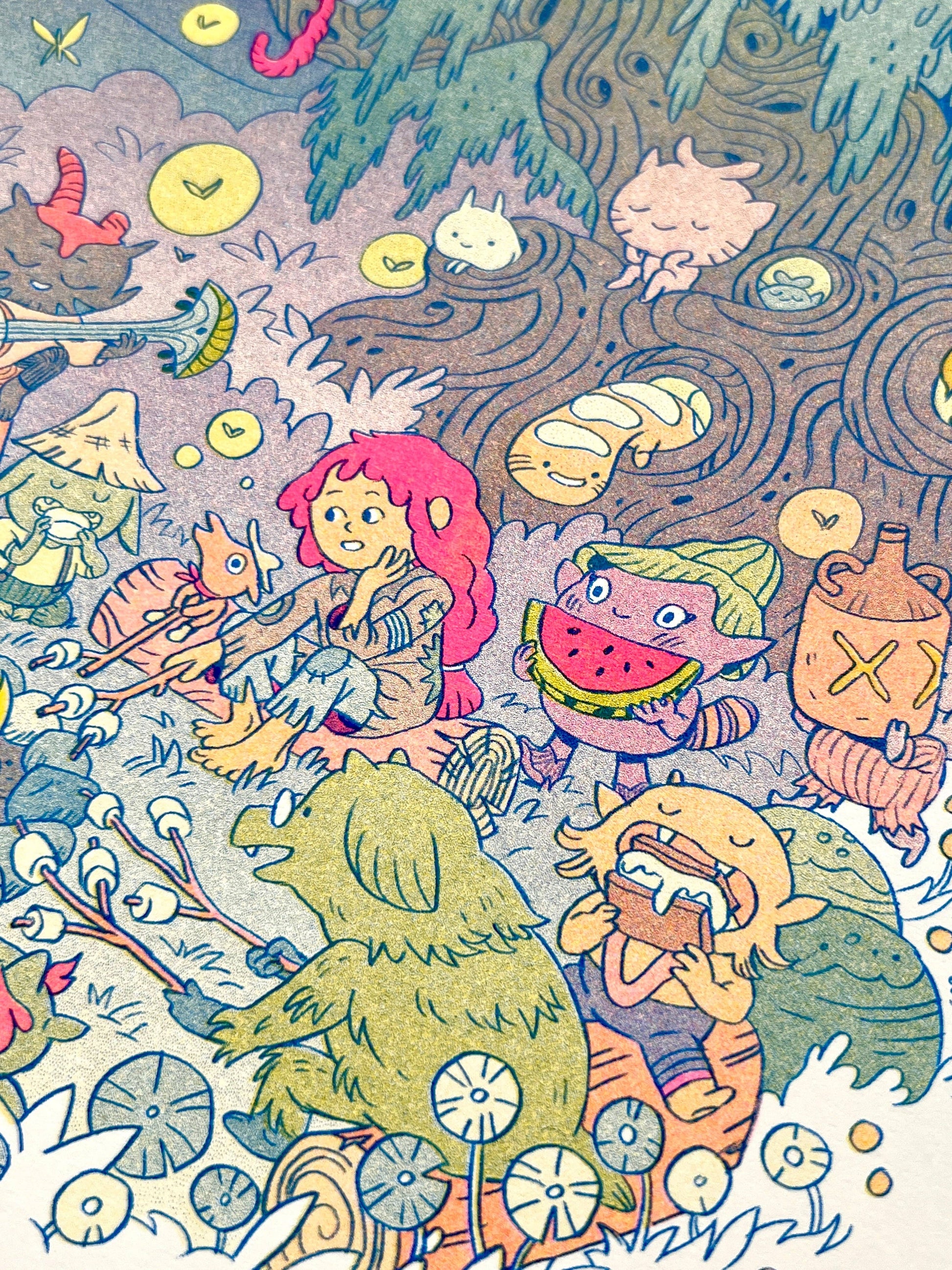 Campfire risograph print, woodland friends illustration, Natalie Andrewson riso art, blue yellow fluorescent pink riso, cozy forest scene artwork, campfire creature art, Patreon riso subscription print, indie printmaker risograph, square riso art, whimsical woodland illustration, collectible riso print, Rogue & Rye artist collection.